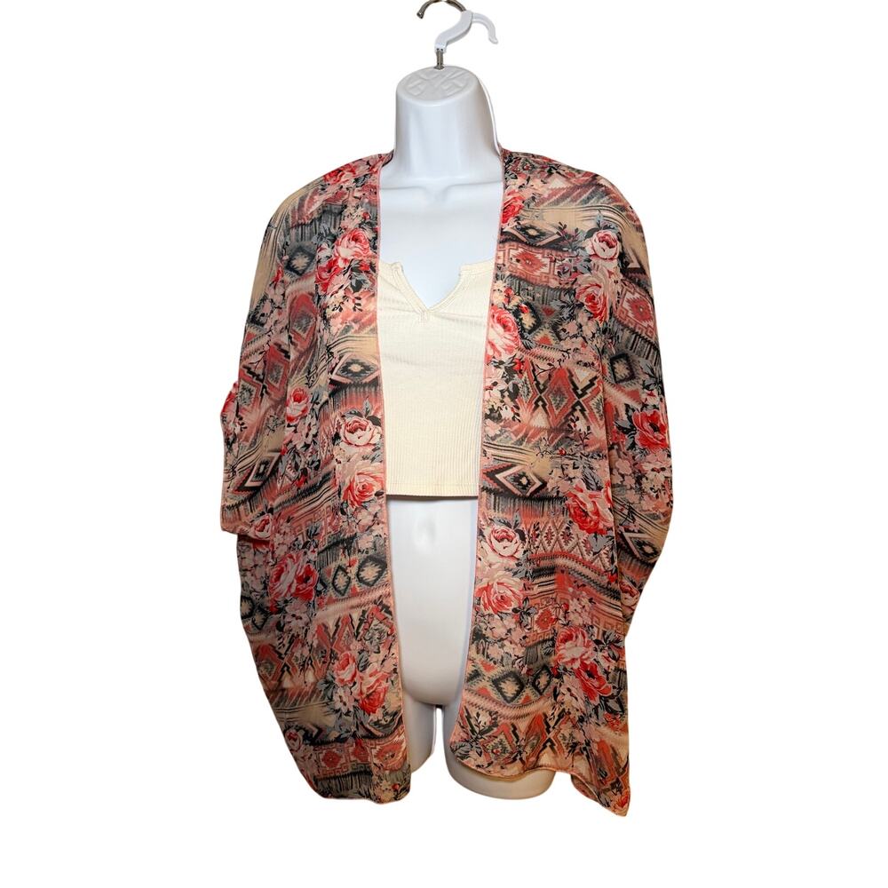 Wet Seal Womens One‎ Size Floral Geometric Sheer Kimono Cardigan Top Coral Red